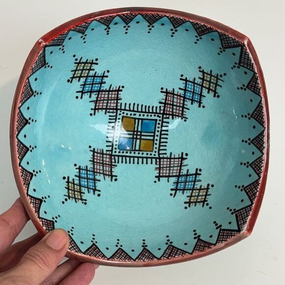 Handmade Moroccan Safi Geometric Blue Pottery Bowl 7” - Picture 2 of 6
